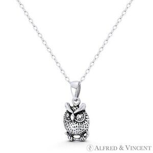 Perched Babu Owl Bird Animal Charm Pendant in Oxidized .925 Sterling Silver
